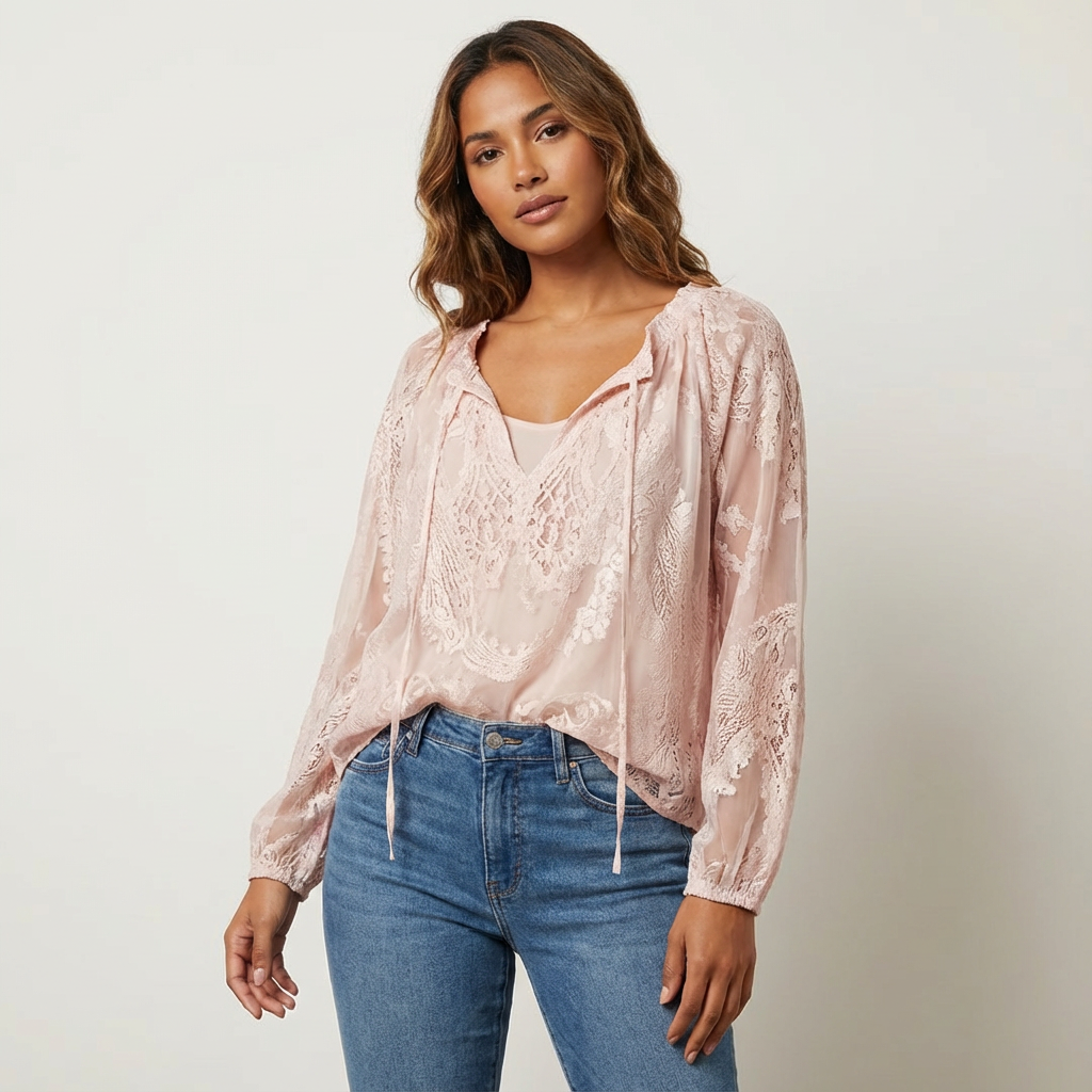 Damenbluse mit Spitze im Boho-Stil | Luftige Sommerbluse locker geschnitten | Feminine Spitzenbluse für Freizeit und Urlaub