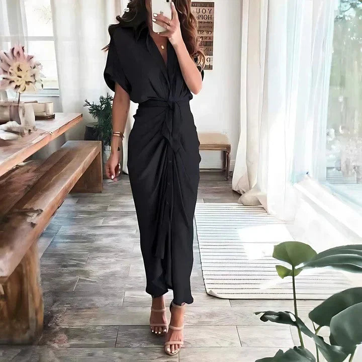 Women's Wedding Guest Collared V Neck Midi Dress