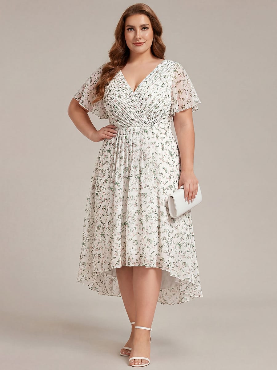Chic V Neck High-Low Wedding Guest Dress #color_White Green