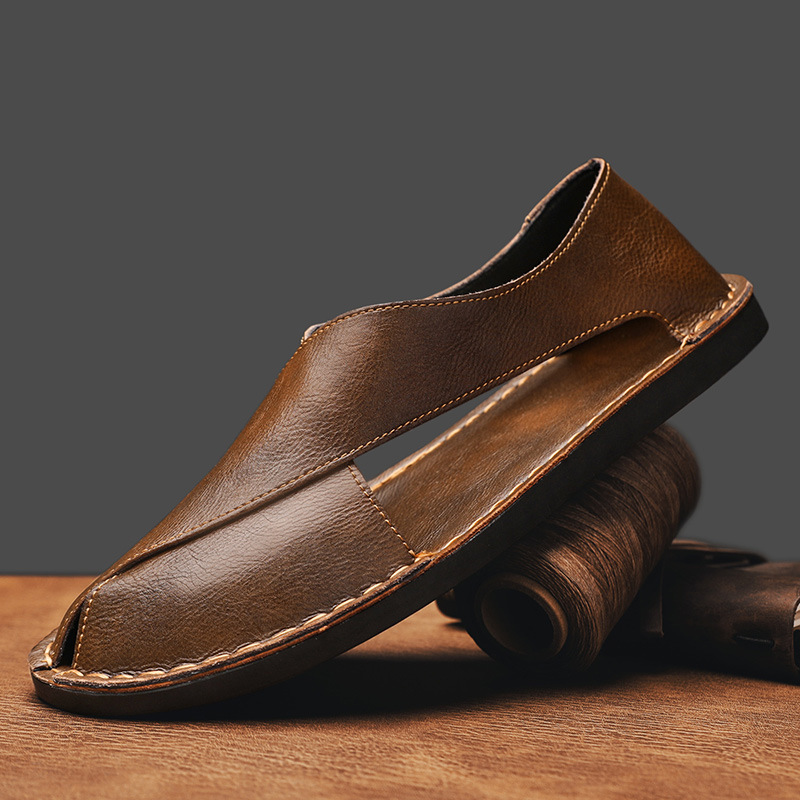 Herren Slipper aus Leder mit seitlichen Ausschnitten | Bequeme Slip-On Freizeitschuhe mit flacher Sohle für den Alltag