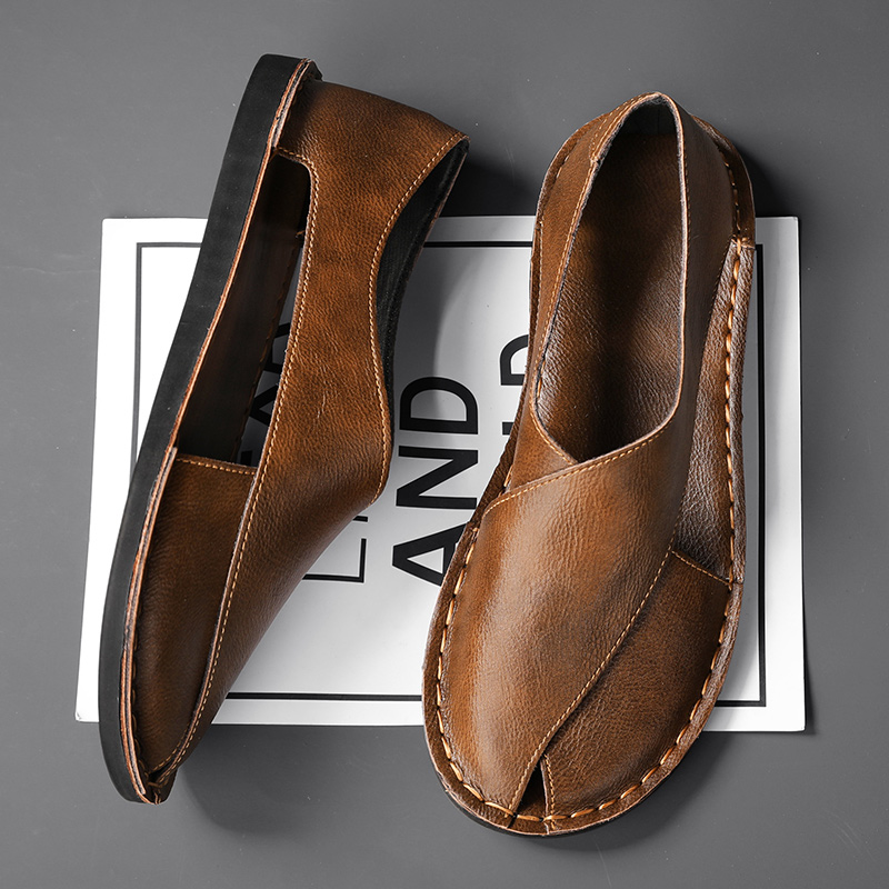 Herren Slipper aus Leder mit seitlichen Ausschnitten | Bequeme Slip-On Freizeitschuhe mit flacher Sohle für den Alltag