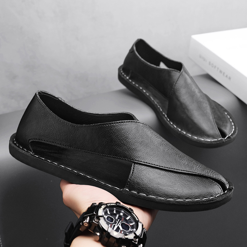 Herren Slipper aus Leder mit seitlichen Ausschnitten | Bequeme Slip-On Freizeitschuhe mit flacher Sohle für den Alltag