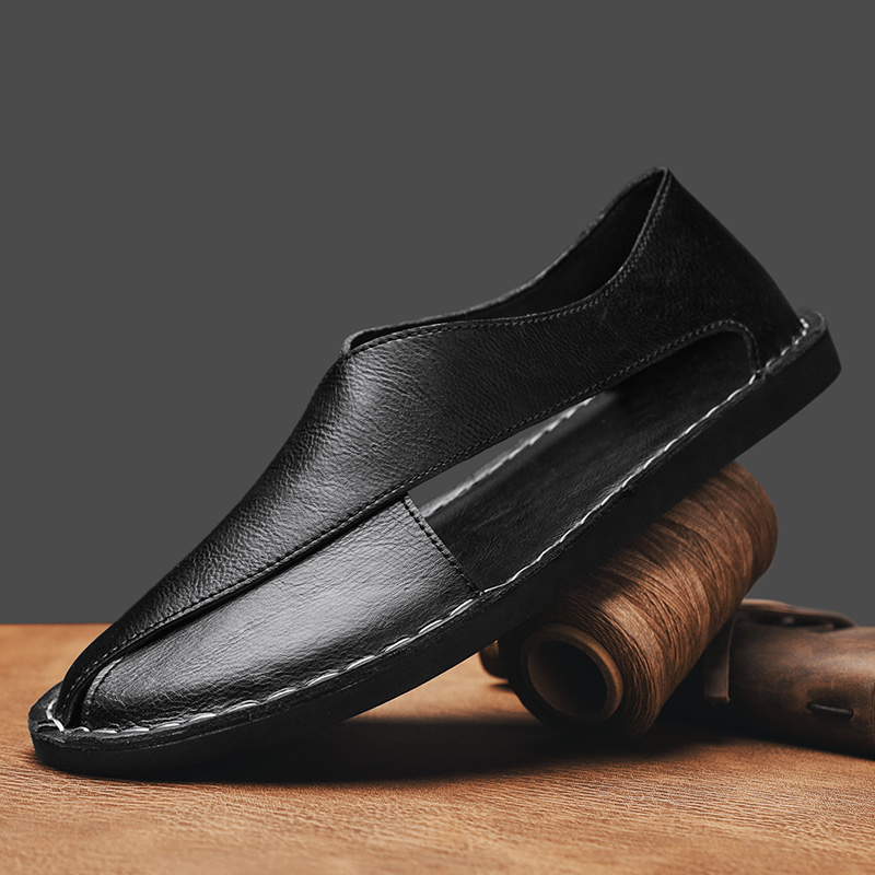 Herren Slipper aus Leder mit seitlichen Ausschnitten | Bequeme Slip-On Freizeitschuhe mit flacher Sohle für den Alltag