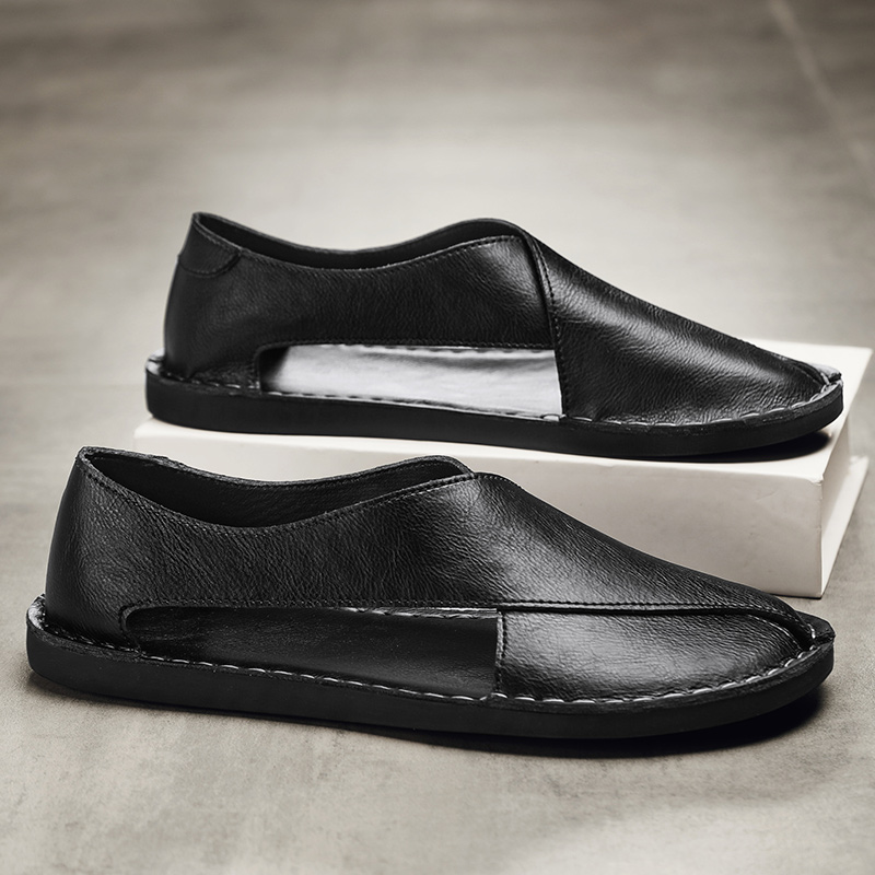 Herren Slipper aus Leder mit seitlichen Ausschnitten | Bequeme Slip-On Freizeitschuhe mit flacher Sohle für den Alltag