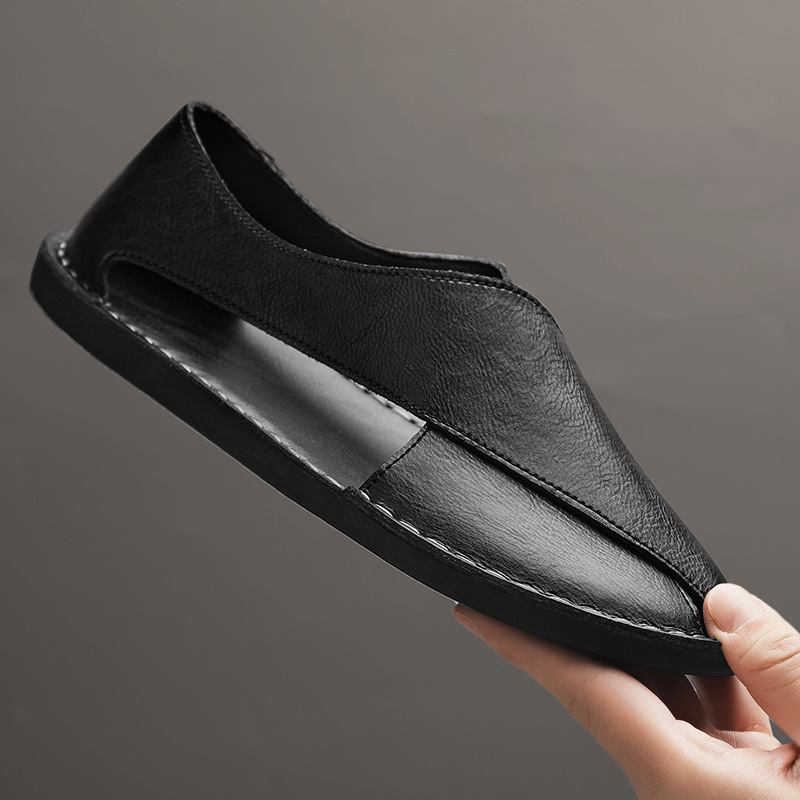 Herren Slipper aus Leder mit seitlichen Ausschnitten | Bequeme Slip-On Freizeitschuhe mit flacher Sohle für den Alltag