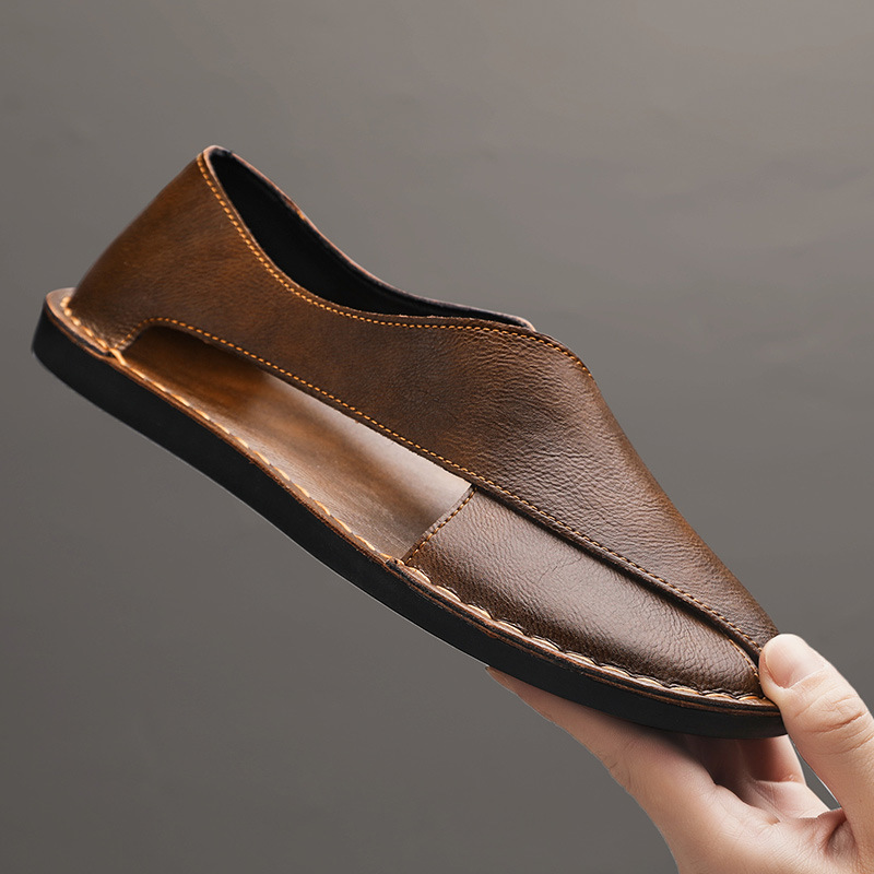 Herren Slipper aus Leder mit seitlichen Ausschnitten | Bequeme Slip-On Freizeitschuhe mit flacher Sohle für den Alltag