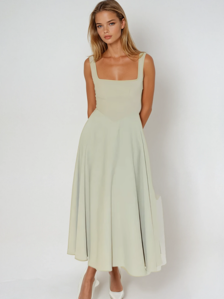 Ärmelloses Midikleid für Damen mit quadratischem Ausschnitt - Elegantes Kleid mit taillierter Passform und fließendem Rock