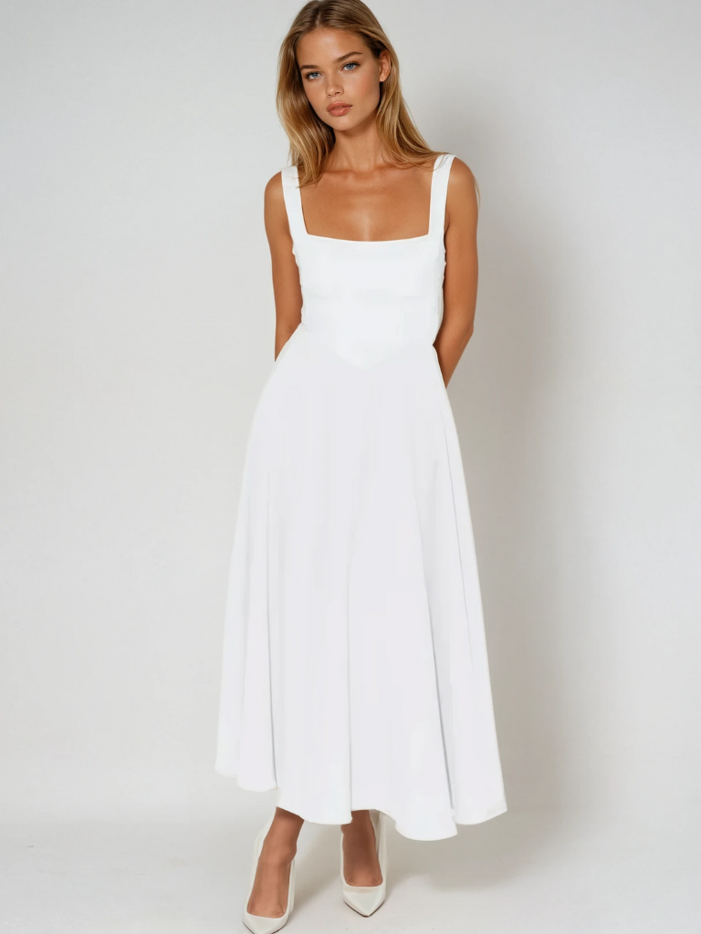 Ärmelloses Midikleid für Damen mit quadratischem Ausschnitt - Elegantes Kleid mit taillierter Passform und fließendem Rock