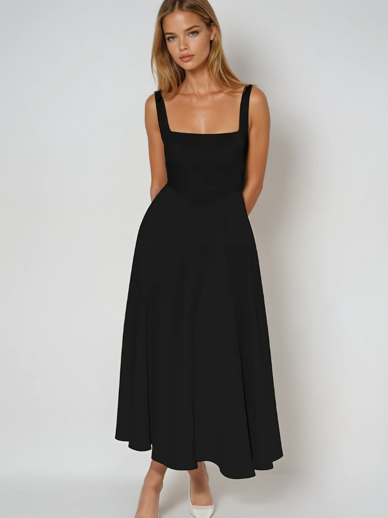 Ärmelloses Midikleid für Damen mit quadratischem Ausschnitt - Elegantes Kleid mit taillierter Passform und fließendem Rock
