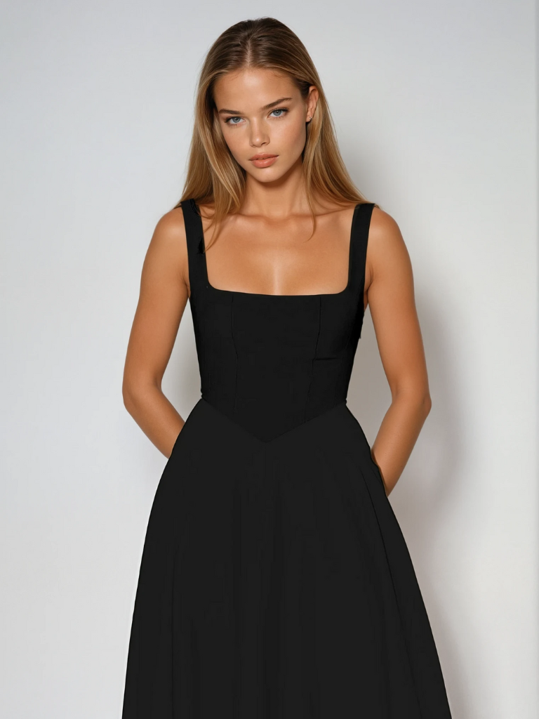 Ärmelloses Midikleid für Damen mit quadratischem Ausschnitt - Elegantes Kleid mit taillierter Passform und fließendem Rock