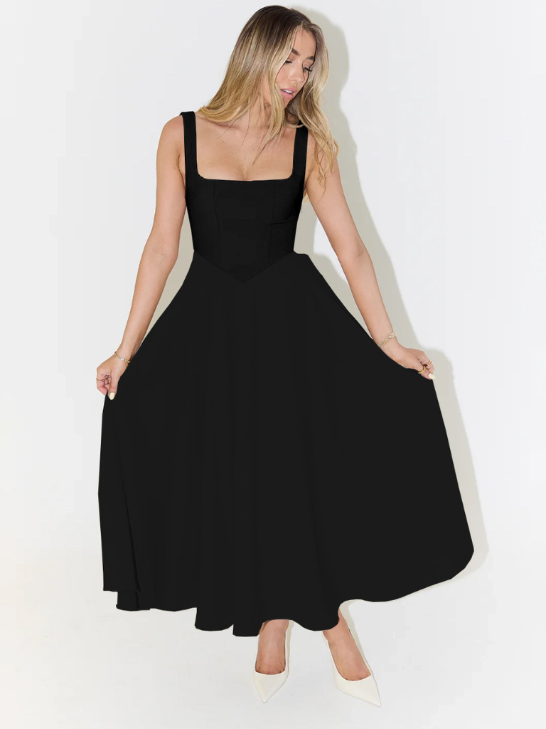 Ärmelloses Midikleid für Damen mit quadratischem Ausschnitt - Elegantes Kleid mit taillierter Passform und fließendem Rock