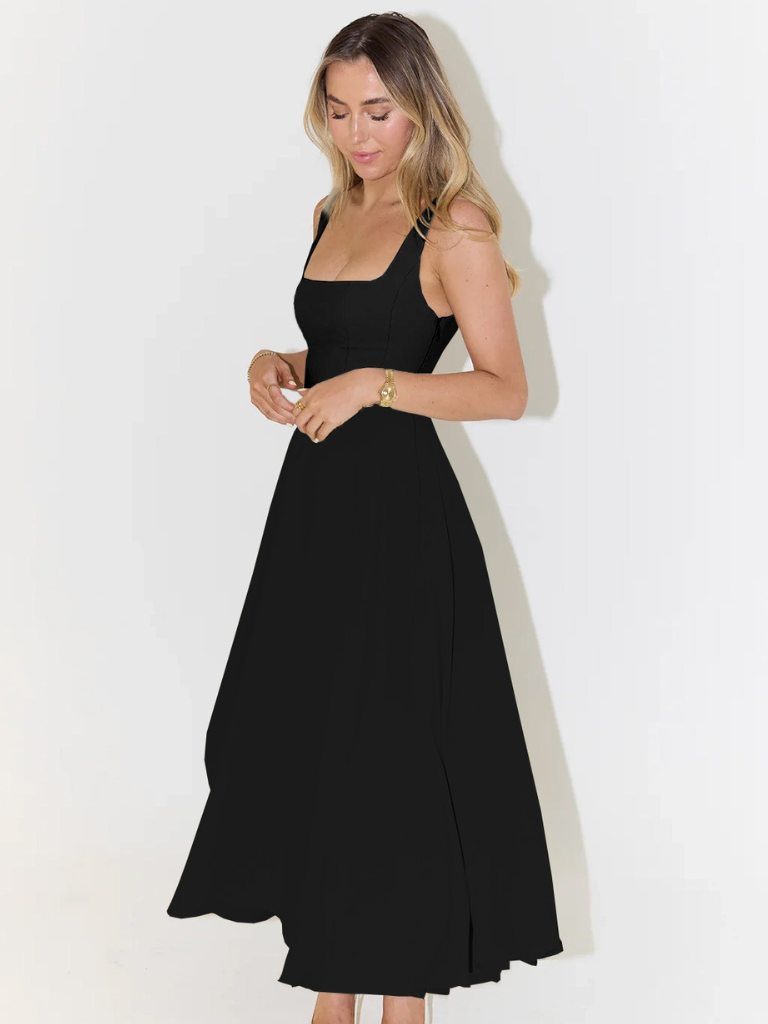 Ärmelloses Midikleid für Damen mit quadratischem Ausschnitt - Elegantes Kleid mit taillierter Passform und fließendem Rock