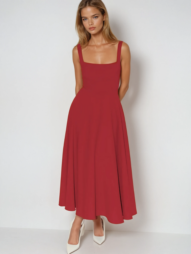 Ärmelloses Midikleid für Damen mit quadratischem Ausschnitt - Elegantes Kleid mit taillierter Passform und fließendem Rock