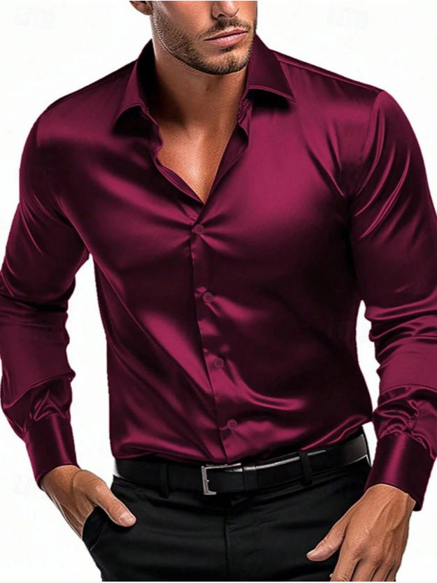 Slim fit men's shirt made of shiny satin | Long-sleeve business shirt with classic collar for festive occasions and office use
