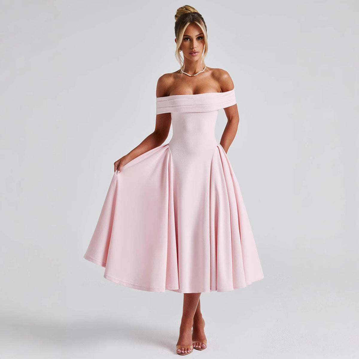 Schulterfreies Midi-Kleid mit ausgestelltem Rock | Festliches Kleid für Hochzeitsgäste und besondere Anlässe | Taillierter Schnitt