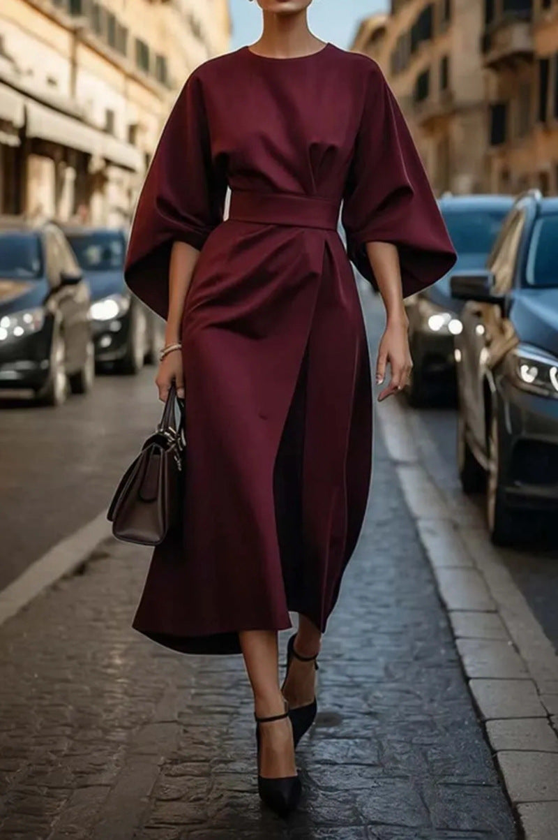 Elegant midi dress with balloon sleeves and waist tie | Stylish women's dress with boat neckline and zipper