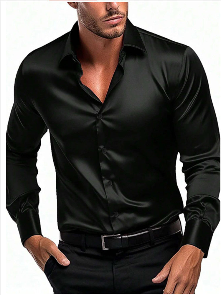 Slim fit men's shirt made of shiny satin | Long-sleeve business shirt with classic collar for festive occasions and office use