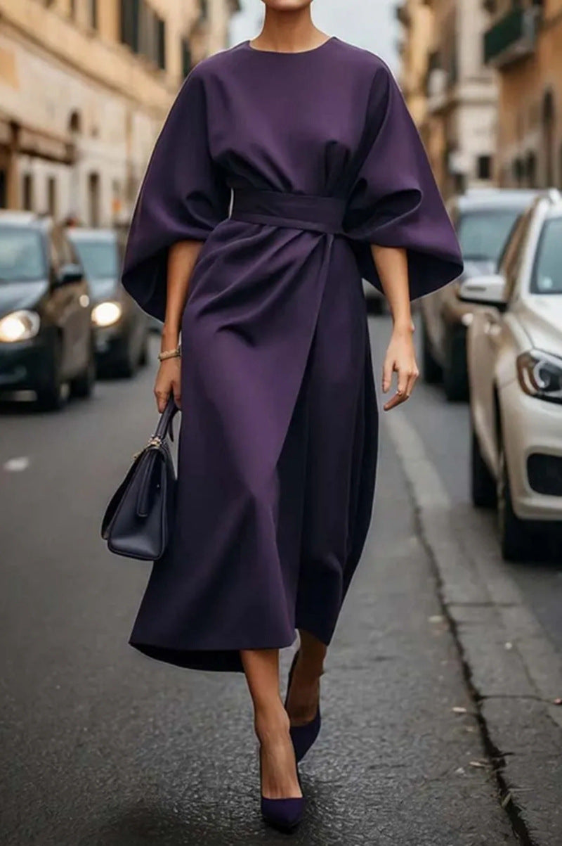 Elegant midi dress with balloon sleeves and waist tie | Stylish women's dress with boat neckline and zipper