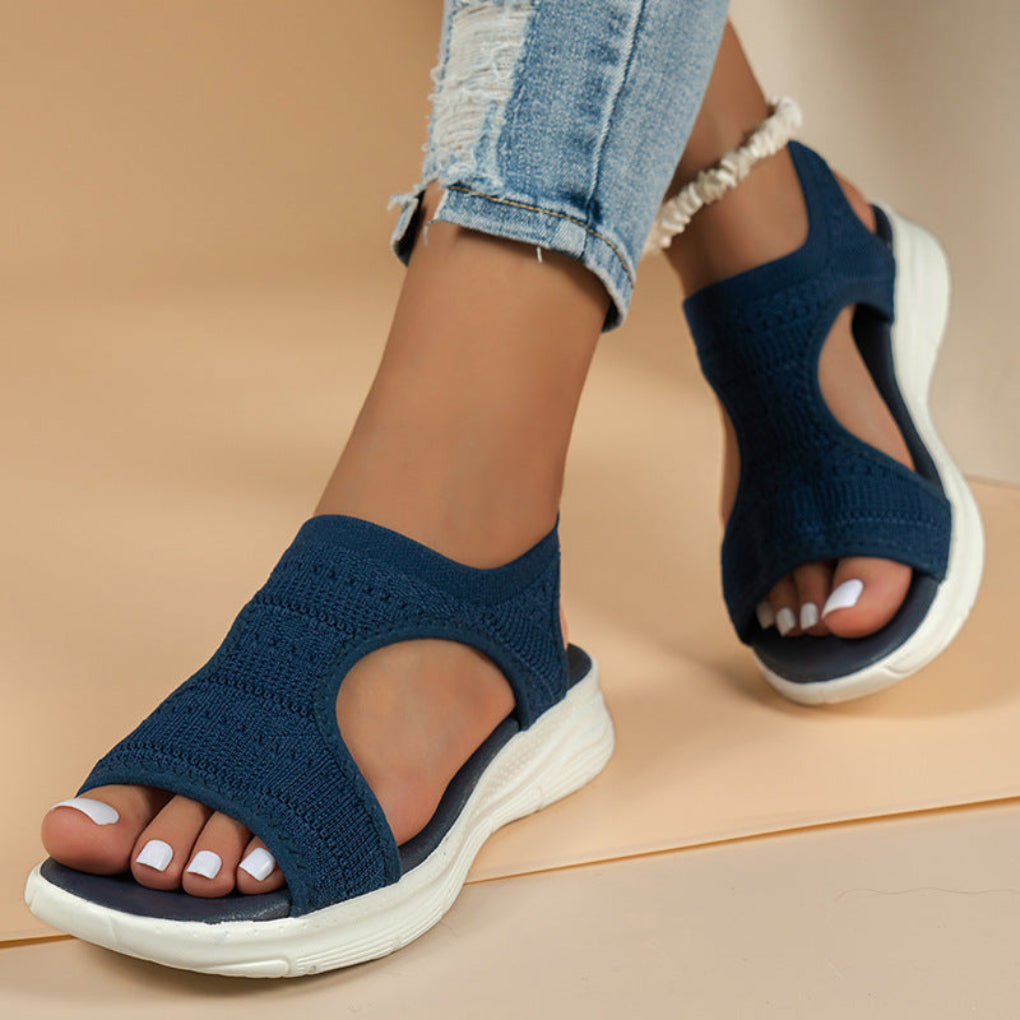 Damen Sandalen mit orthopädischer Dämpfung | Bequeme Slip-on Sommerschuhe mit atmungsaktivem Strick-Obermaterial & leichter Sohle