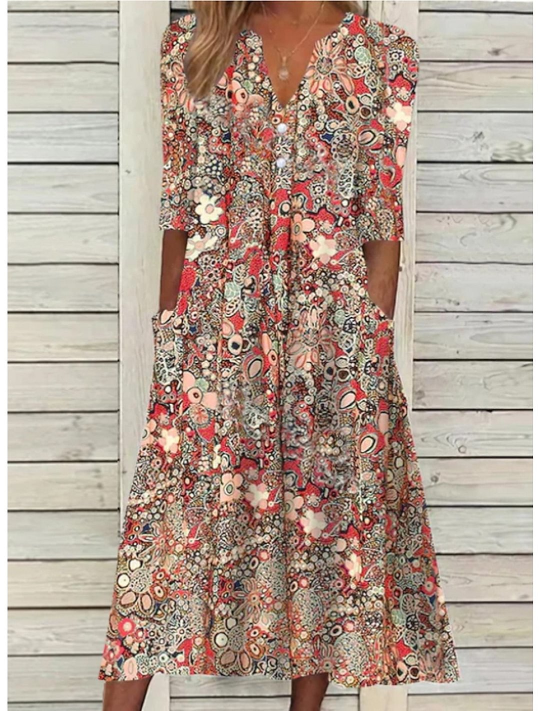 Sommerkleid für Damen | Bedrucktes Midikleid mit Taschen