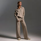 creme lounge set damen mit kragentop und weiter hose