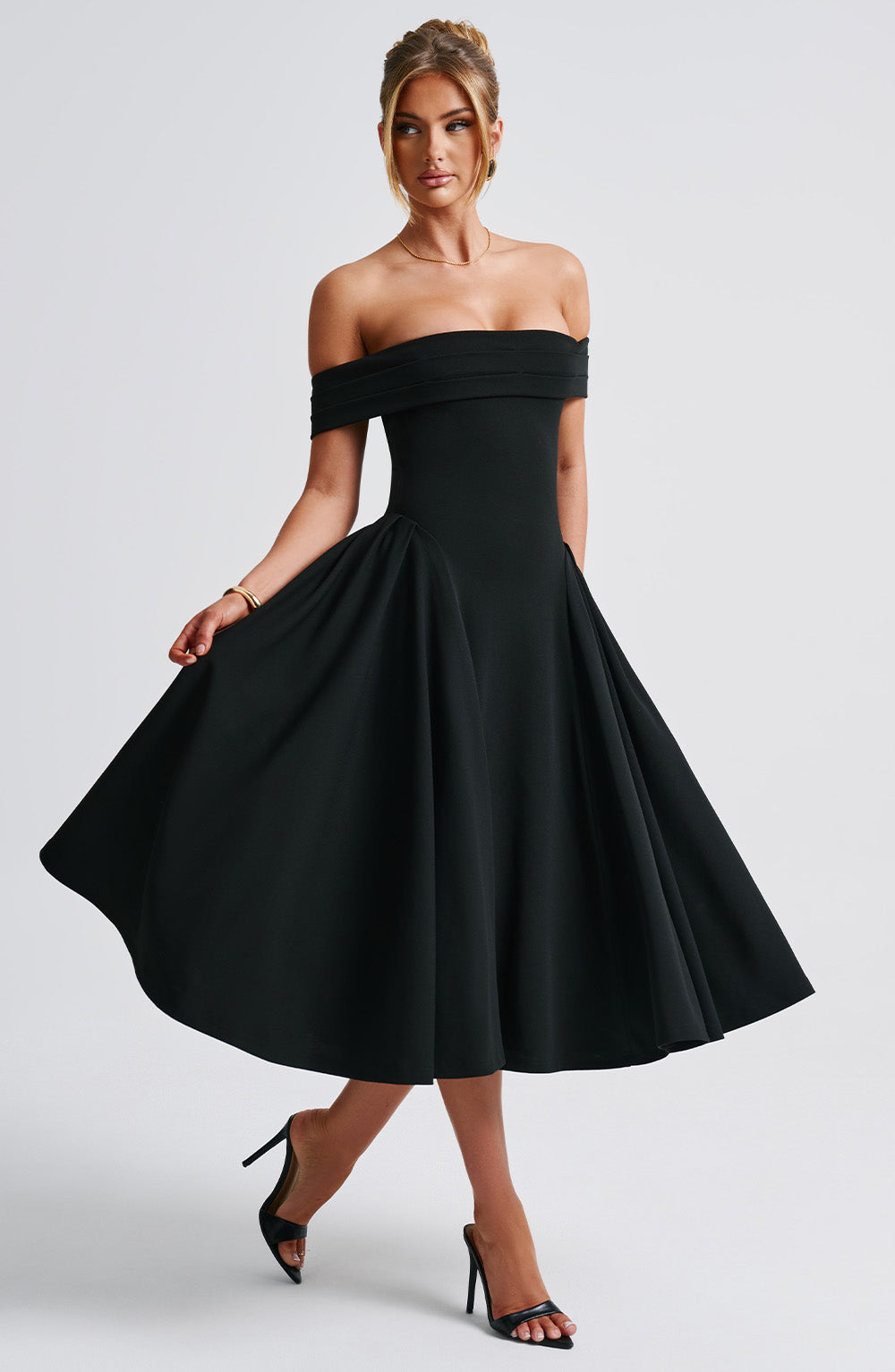 Schulterfreies Midi-Kleid mit ausgestelltem Rock | Festliches Kleid für Hochzeitsgäste und besondere Anlässe | Taillierter Schnitt