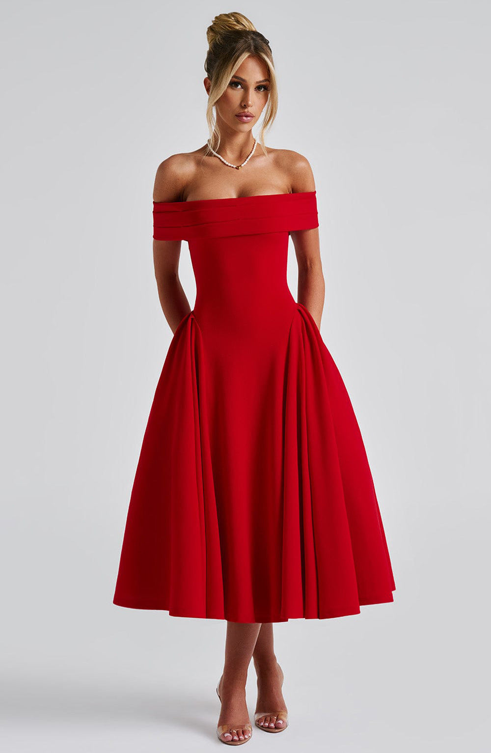Schulterfreies Midi-Kleid mit ausgestelltem Rock | Festliches Kleid für Hochzeitsgäste und besondere Anlässe | Taillierter Schnitt