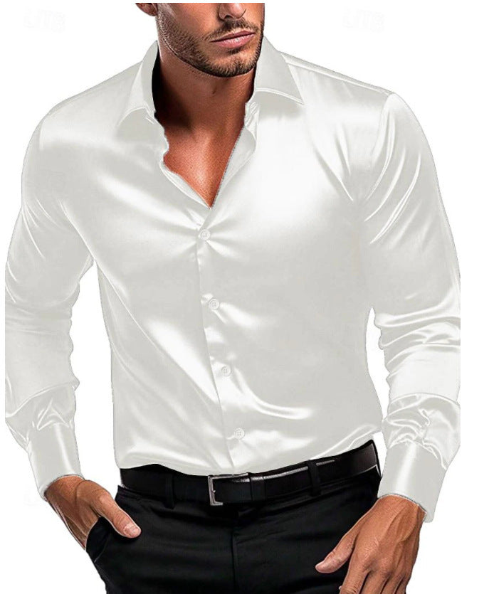Slim fit men's shirt made of shiny satin | Long-sleeve business shirt with classic collar for festive occasions and office use