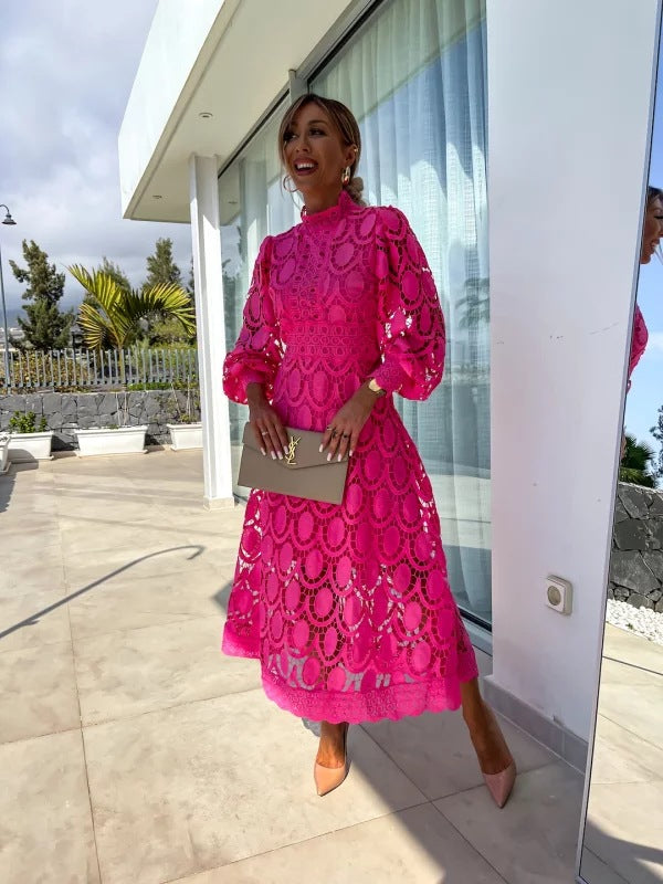 Elegantes Spitzenkleid Damen mit Stehkragen und Puffärmeln | Leichtes Sommerkleid für festliche Anlässe und Freizeit