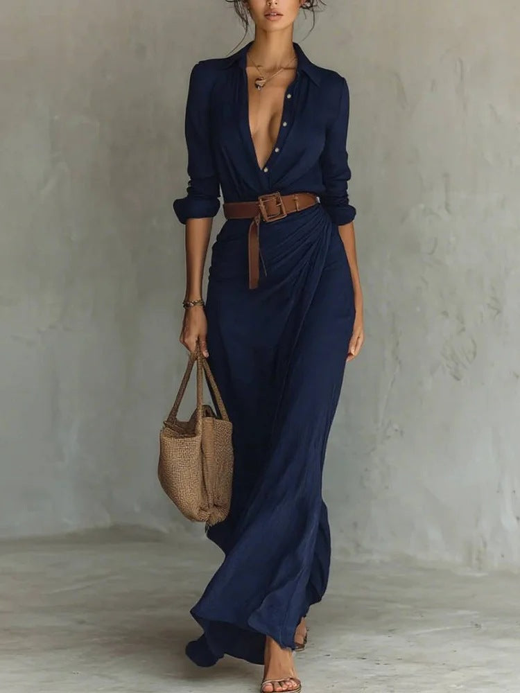 Airy maxi dress for women with classic collar and waist belt | Lightweight summer dress with button placket and pleated design