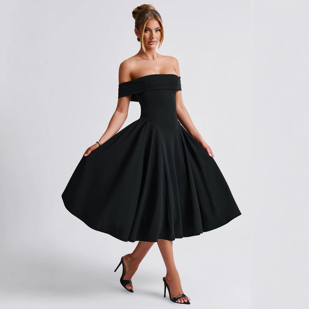 Schulterfreies Midi-Kleid mit ausgestelltem Rock | Festliches Kleid für Hochzeitsgäste und besondere Anlässe | Taillierter Schnitt