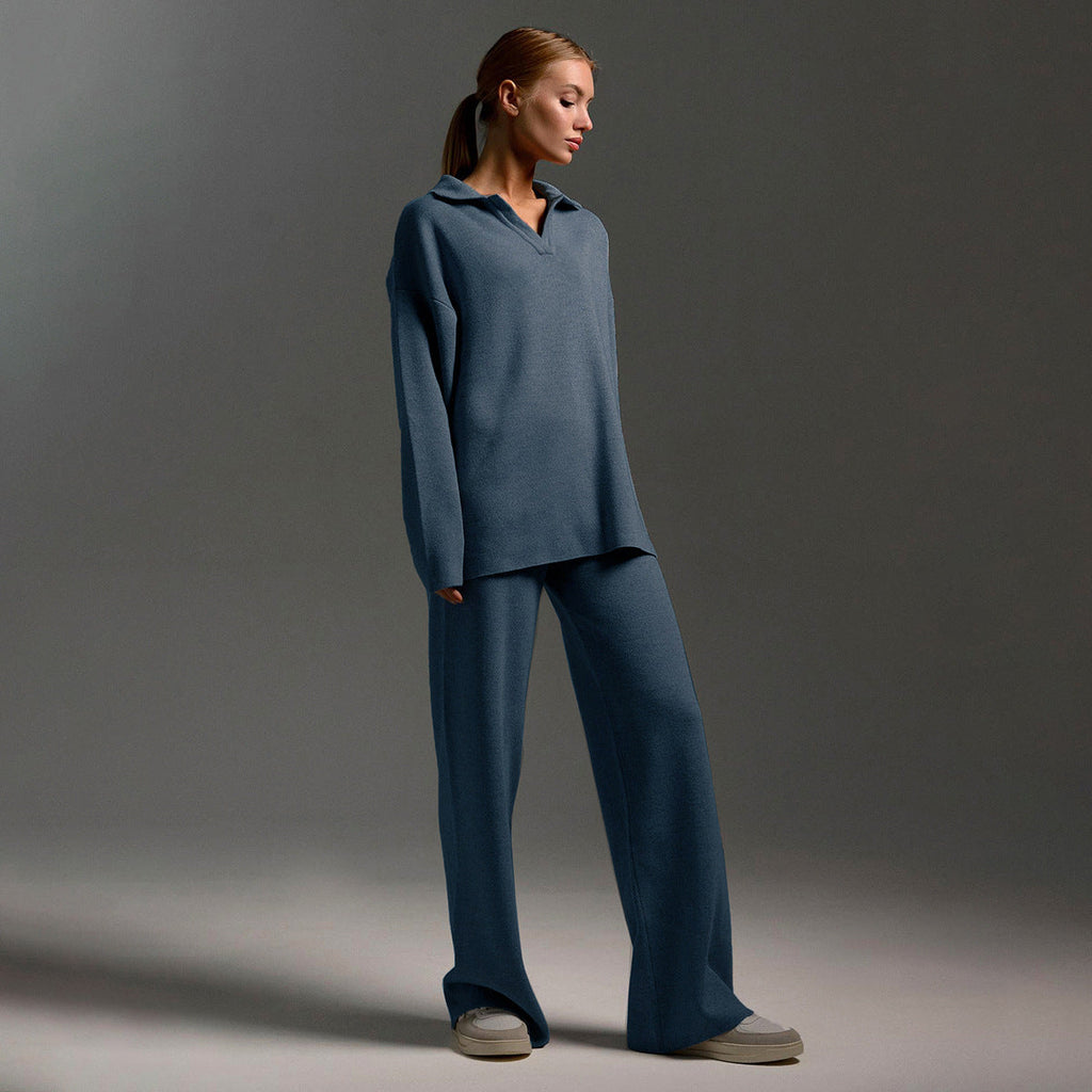blaues lounge set damen mit weiter hose und relaxed fit top