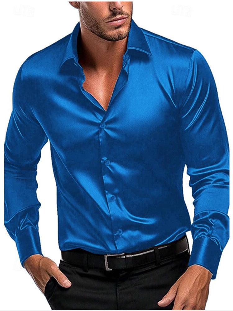 Slim fit men's shirt made of shiny satin | Long-sleeve business shirt with classic collar for festive occasions and office use
