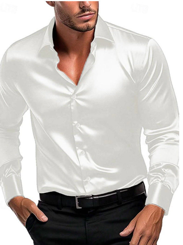 Slim fit men's shirt made of shiny satin | Long-sleeve business shirt with classic collar for festive occasions and office use