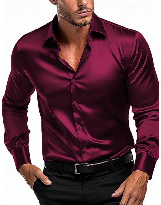 Slim fit men's shirt made of shiny satin | Long-sleeve business shirt with classic collar for festive occasions and office use