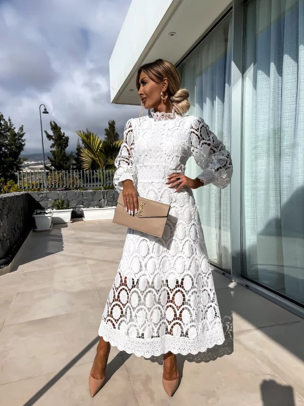 Elegantes Spitzenkleid Damen mit Stehkragen und Puffärmeln | Leichtes Sommerkleid für festliche Anlässe und Freizeit
