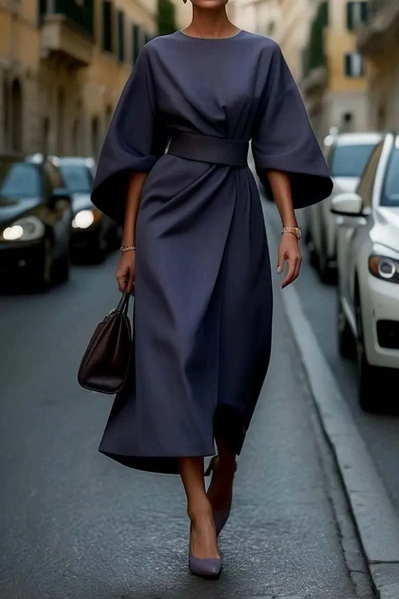 Elegant midi dress with balloon sleeves and waist tie | Stylish women's dress with boat neckline and zipper