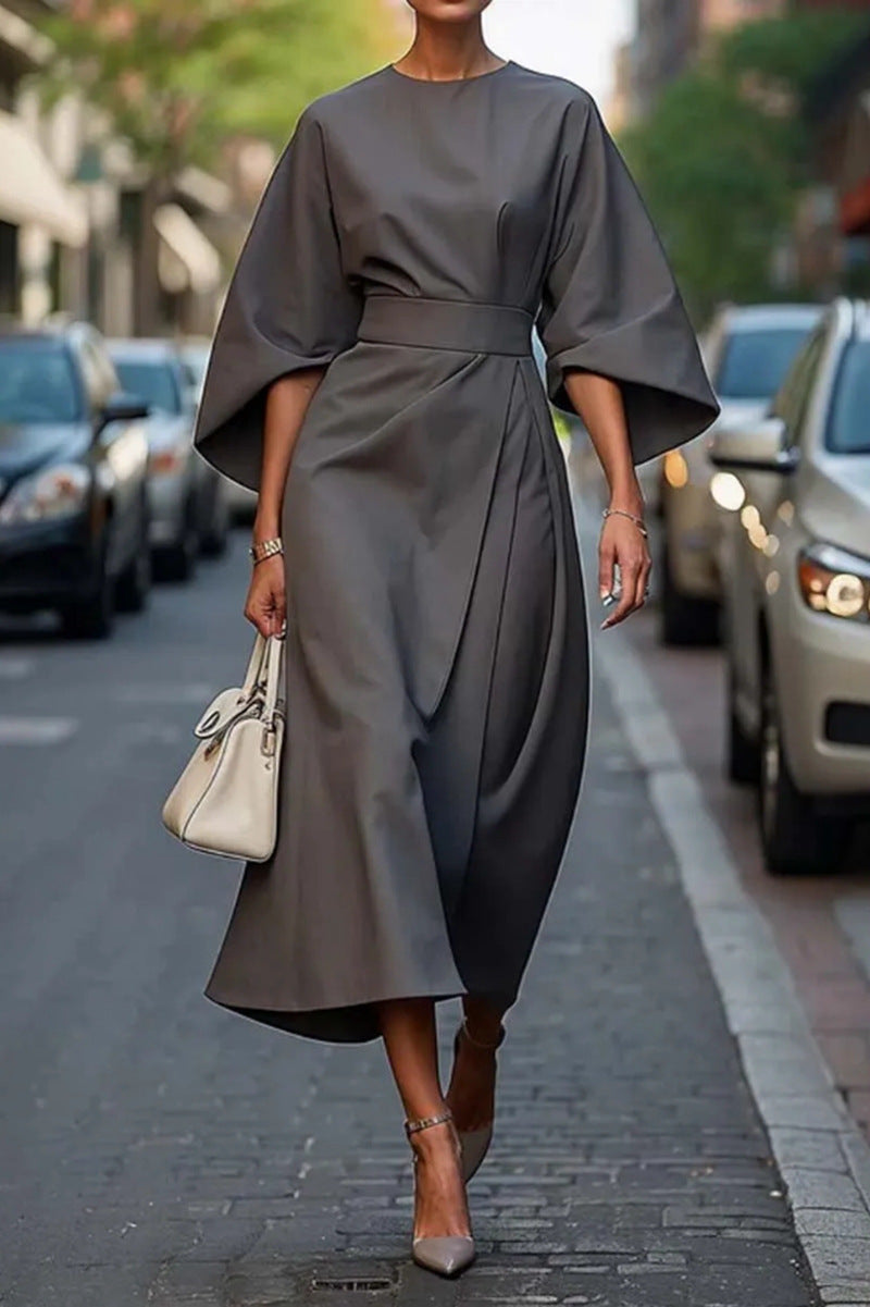 Elegant midi dress with balloon sleeves and waist tie | Stylish women's dress with boat neckline and zipper