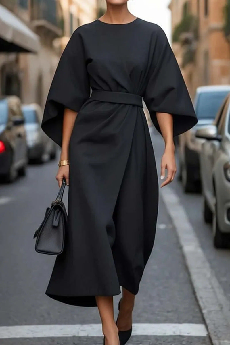 Elegant midi dress with balloon sleeves and waist tie | Stylish women's dress with boat neckline and zipper