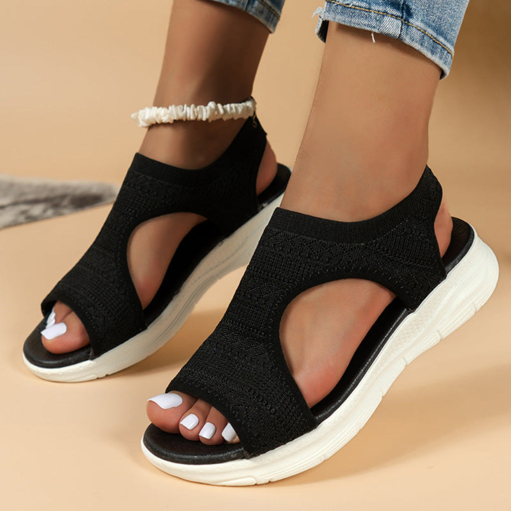 Damen Sandalen mit orthopädischer Dämpfung | Bequeme Slip-on Sommerschuhe mit atmungsaktivem Strick-Obermaterial & leichter Sohle