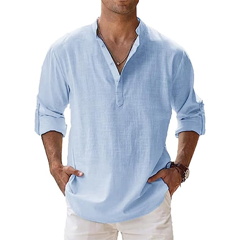 Men's Linen Shirt with Henley Neckline | Breathable Summer Shirt Made of Lightweight Linen | Classic Long-Sleeve Casual Shirt