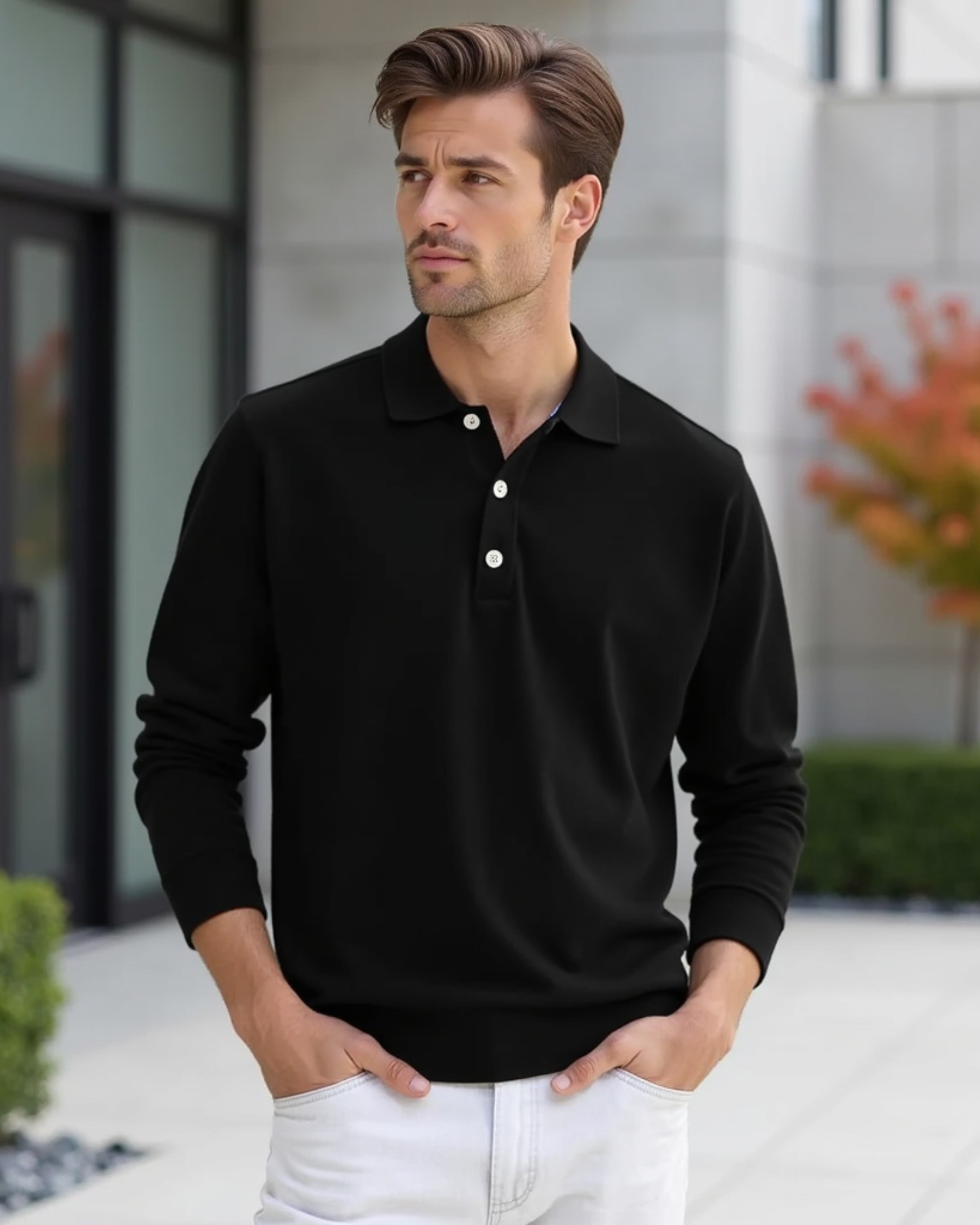 Langarm-Poloshirt für Herren mit Knopfleiste