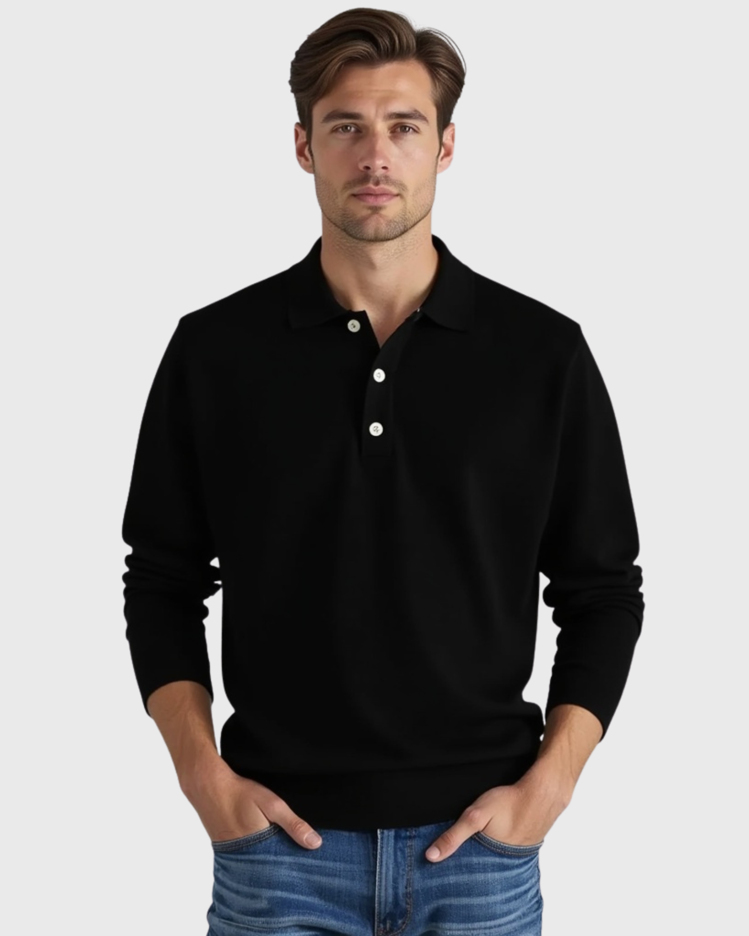 Long-sleeve polo shirt for men with button placket