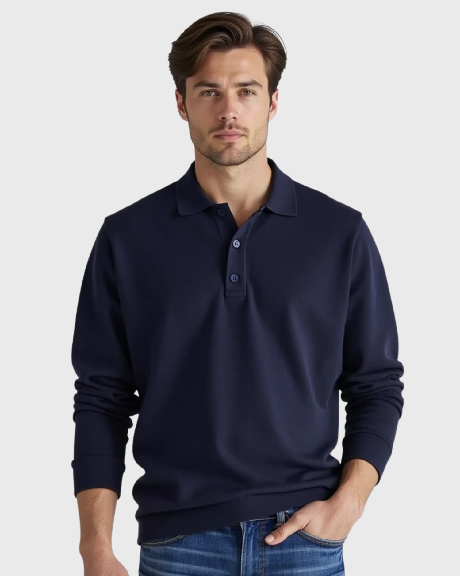 Long-sleeve polo shirt for men with button placket