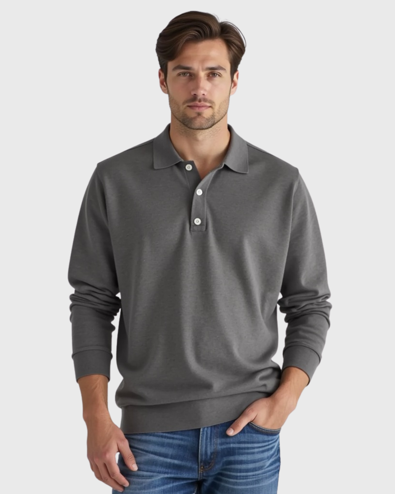 Long-sleeve polo shirt for men with button placket