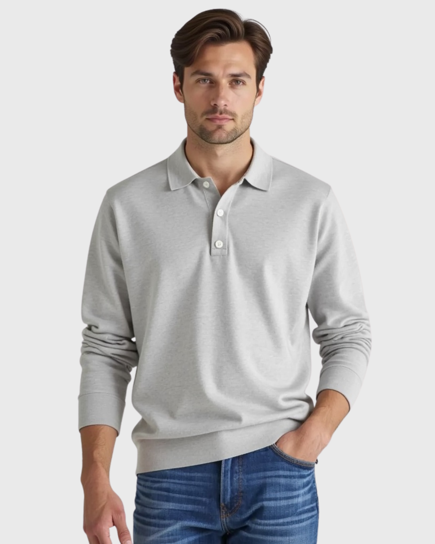 Long-sleeve polo shirt for men with button placket