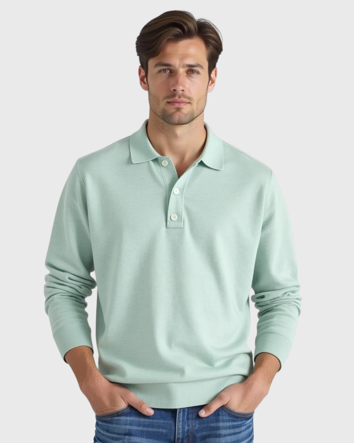 Long-sleeve polo shirt for men with button placket