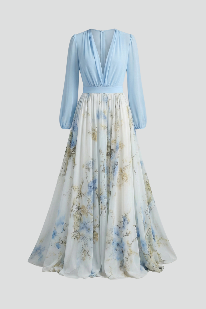 Damen Maxikleid mit V-Ausschnitt und transparenten Ärmeln | Fließendes Langarmkleid mit Taillenbund und Allover-Print