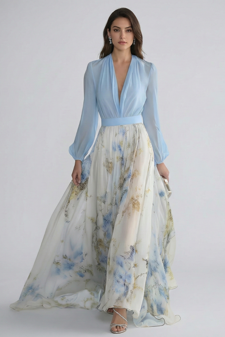 Damen Maxikleid mit V-Ausschnitt und transparenten Ärmeln | Fließendes Langarmkleid mit Taillenbund und Allover-Print