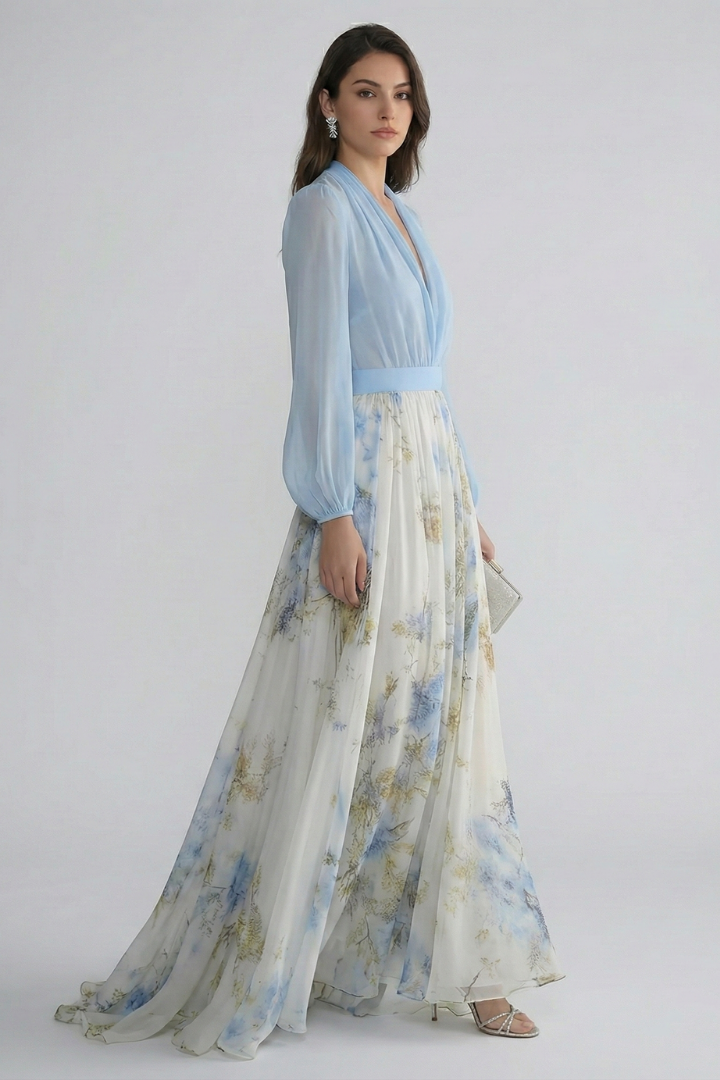 Damen Maxikleid mit V-Ausschnitt und transparenten Ärmeln | Fließendes Langarmkleid mit Taillenbund und Allover-Print
